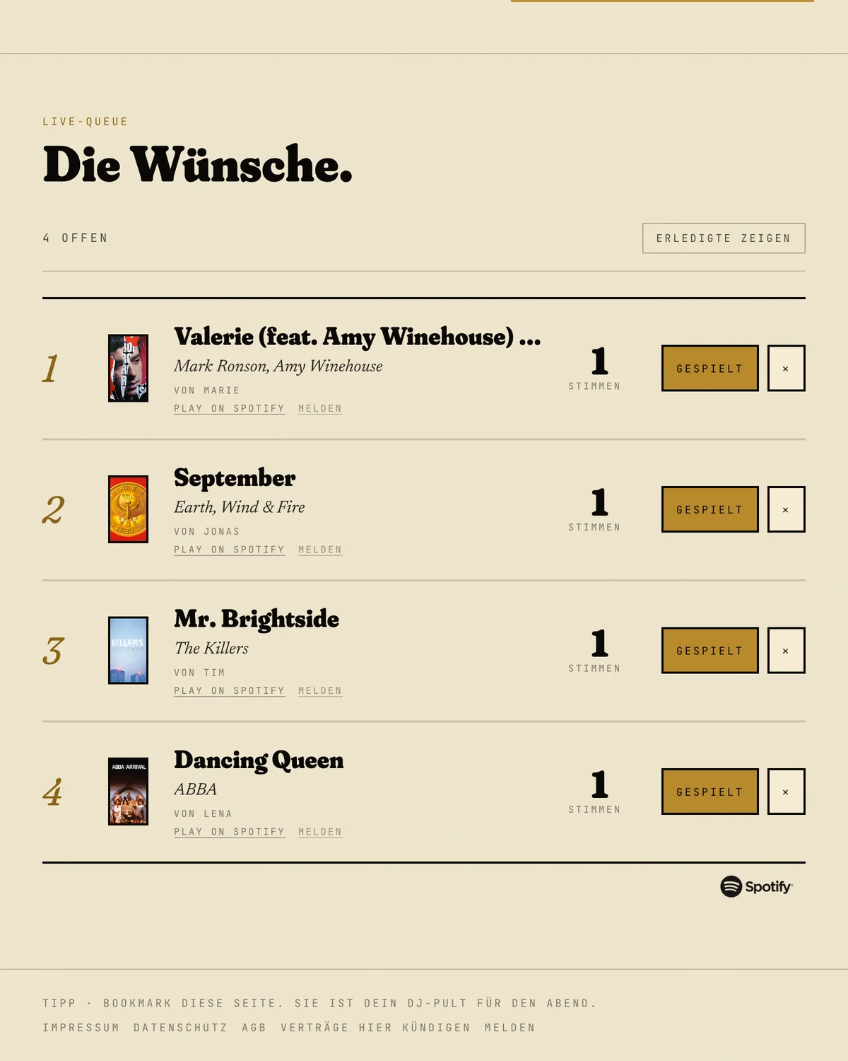wünschdir DJ Live-Queue: Songwünsche nach Stimmen sortiert